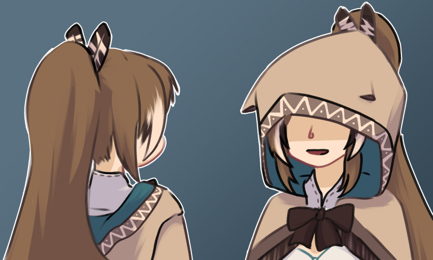 2girls, absurdres, blue_background, brown_hair, capelet, commentary, covered_eyes, dual_persona, english_commentary, facing_another, feather_hair_ornament, feathers, hair_ornament, hair_through_headwear, highres, hololive, hololive_english, hood, hood_over_eyes, hood_up, long_hair, meme, multiple_girls, nanashi_mumei, nin_tan, outline, ponytail, virtual_youtuber, white_background, white_outline