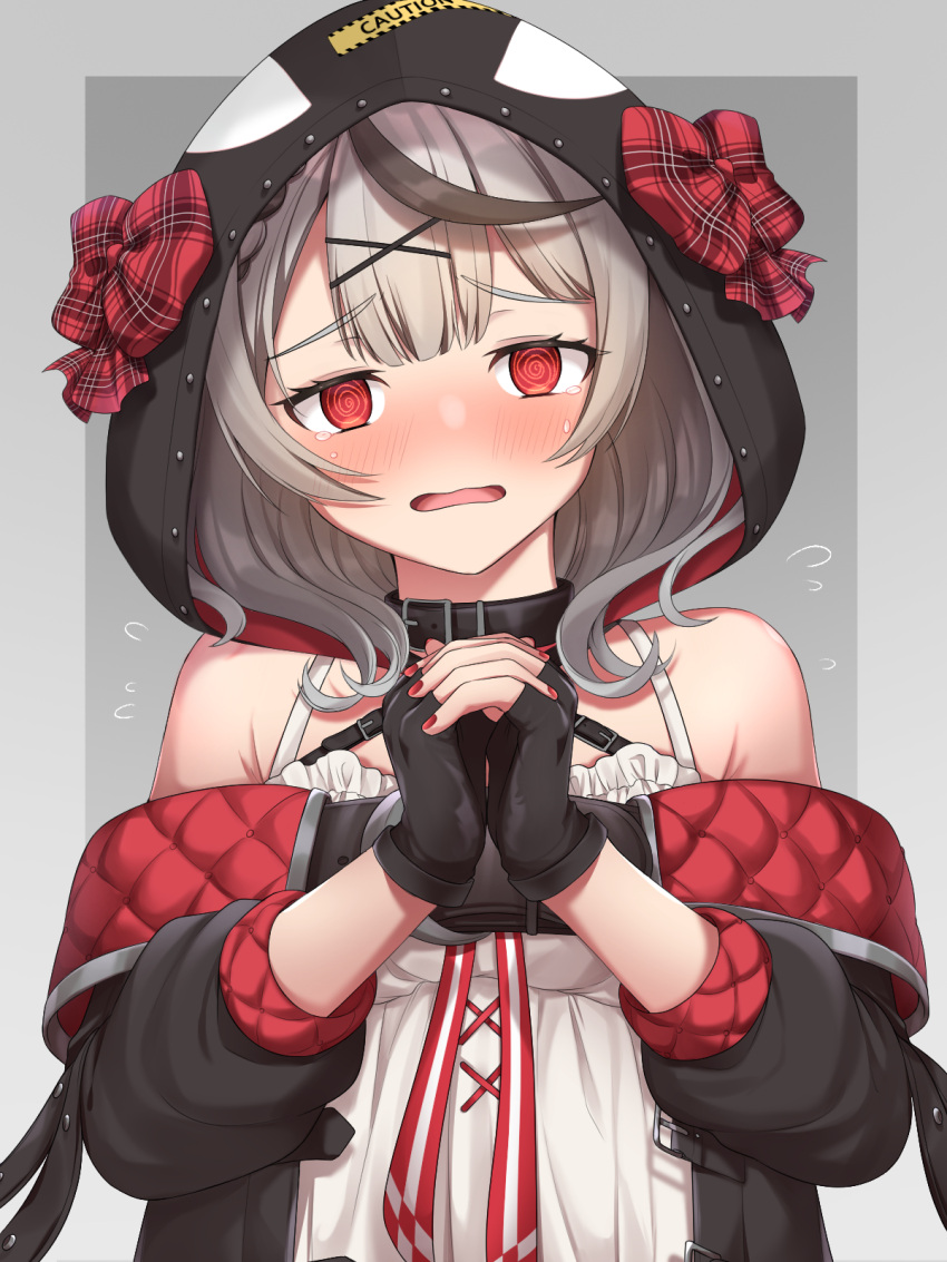 1girl, @_@, belt, black_collar, black_gloves, black_hair, black_jacket, blush, bow, braid, camisole, collar, doff-shoulder_jacket, fingerless_gloves, flying_sweatdrops, gloves, grey_background, hair_ornament, highres, hololive, interlocked_fingers, jacket, medium_hair, multicolored_hair, orca_hood, own_hands_together, plaid, plaid_bow, red_eyes, red_nails, sakamata_chloe, silver_hair, solo, streaked_hair, two-tone_hair, upper_body, virtual_youtuber, x_hair_ornament, yuikannon