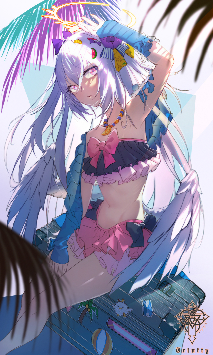 1girl, absurdres, arm_up, artist_name, azusa_(blue_archive), bikini, blue_archive, bow, branch, feathered_wings, flower, frilled_bikini, frills, hair_between_eyes, hair_flower, hair_ornament, halo, highres, long_hair, midriff, roon_(ddeer2010), silver_hair, solo, sticker, stomach, suitcase, swimsuit, tree_shade, very_long_hair, violet_eyes, white_wings, wings