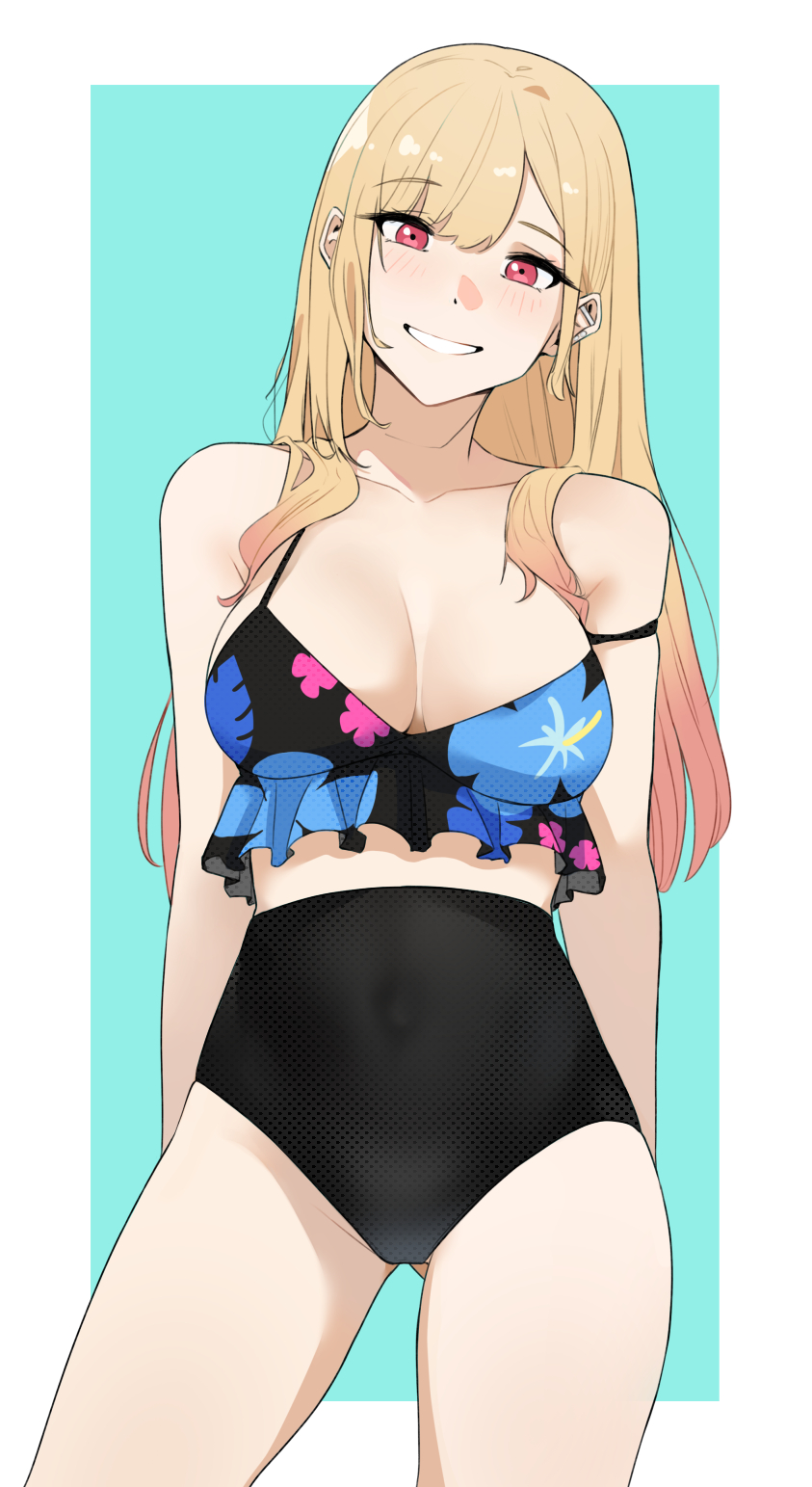 1girl, arms_behind_back, ass_visible_through_thighs, bangs, barbell_piercing, bikini, black_bikini, blonde_hair, blue_background, blush, border, breasts, collarbone, commentary, cowboy_shot, ear_piercing, earrings, eyebrows_visible_through_hair, floral_print, frilled_bikini, frills, gradient_hair, highres, jewelry, kitagawa_marin, large_breasts, legs_apart, long_hair, looking_at_viewer, mismatched_bikini, multicolored_hair, noir_(4chan), outside_border, piercing, print_bikini, red_eyes, redhead, simple_background, smile, solo, sono_bisque_doll_wa_koi_wo_suru, spaghetti_strap, standing, strap_slip, swimsuit, two-tone_hair, white_border