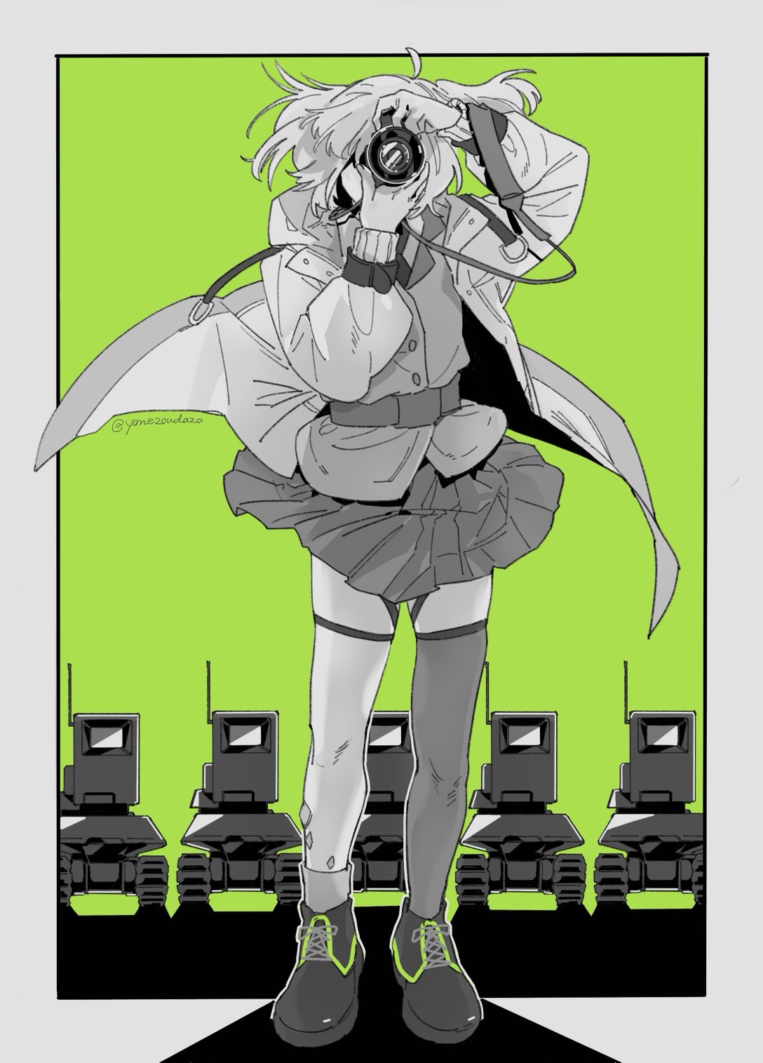 1girl, ahoge, alcohol, arknights, border, dress_shirt, drone, dslr, floating_clothes, full_body, green_background, grey_border, greyscale, hands_up, highres, jacket, lens_(arknights), long_sleeves, monochrome, necktie, open_clothes, open_jacket, oripathy_lesion_(arknights), outside_border, pleated_skirt, scene_(arknights), shirt, shoes, short_hair, side_ponytail, simple_background, single_sock, single_thighhigh, skirt, socks, solo, spot_color, straight-on, taking_picture, thigh-highs, thigh_strap, wine, yonezoudazo