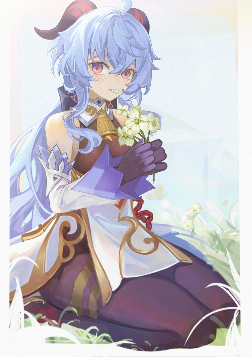 1girl, ahoge, arrrrrry1, bangs, bare_shoulders, bell, black_legwear, blue_gloves