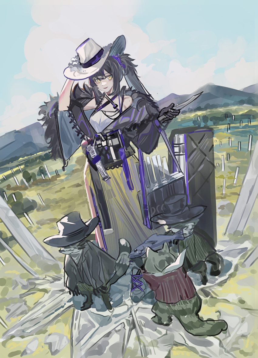 1girl, :d, absurdres, animal, arknights, arm_up, bag, bare_shoulders