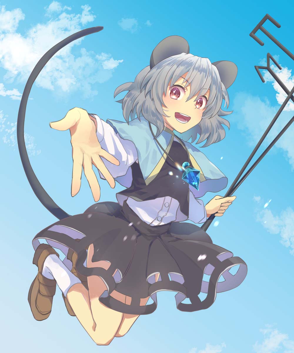1girl, :d, animal_ears, bangs, black_skirt, black_vest, blue_sky, blush