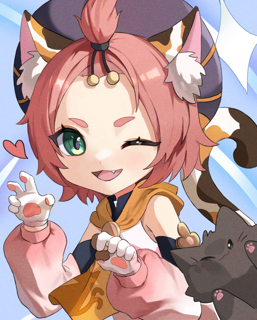 1girl, ;d, animal_ears, bangs_pinned_back, black_cat, cat, cat_ears, cat_girl