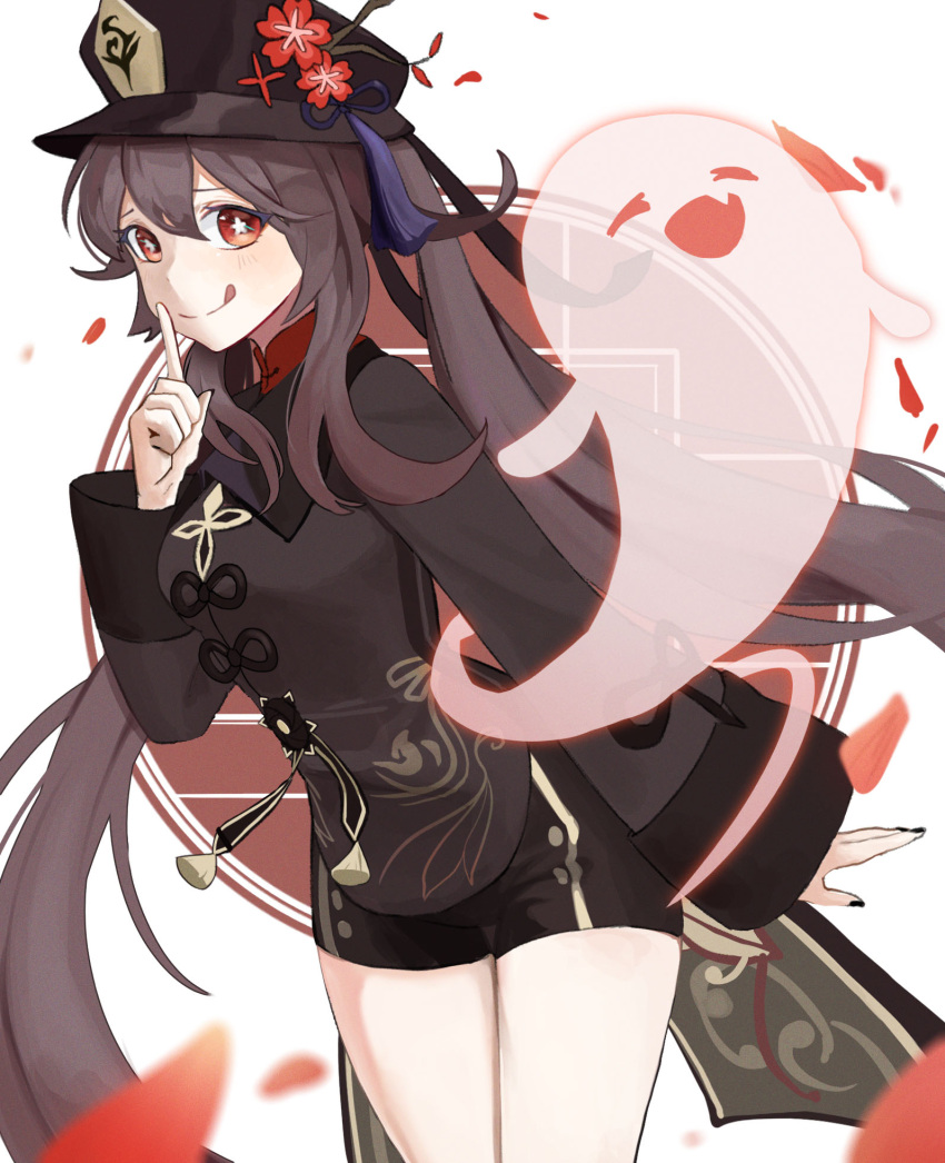 1girl, :d, ;p, ahoge, bangs, black_hair, black_shorts, chinese_clothes