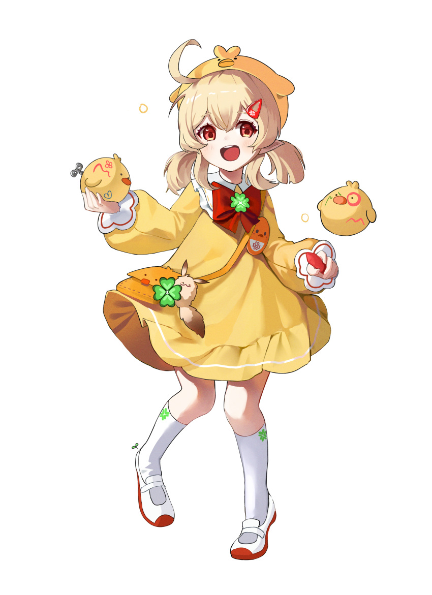 1girl, :d, absurdres, ahoge, alternate_costume, animal_hat, bag, bag_charm
