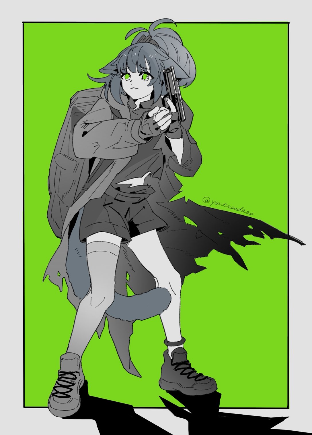 1girl, arknights, backpack, bag, black_gloves, black_shirt, black_shorts, blue_hair