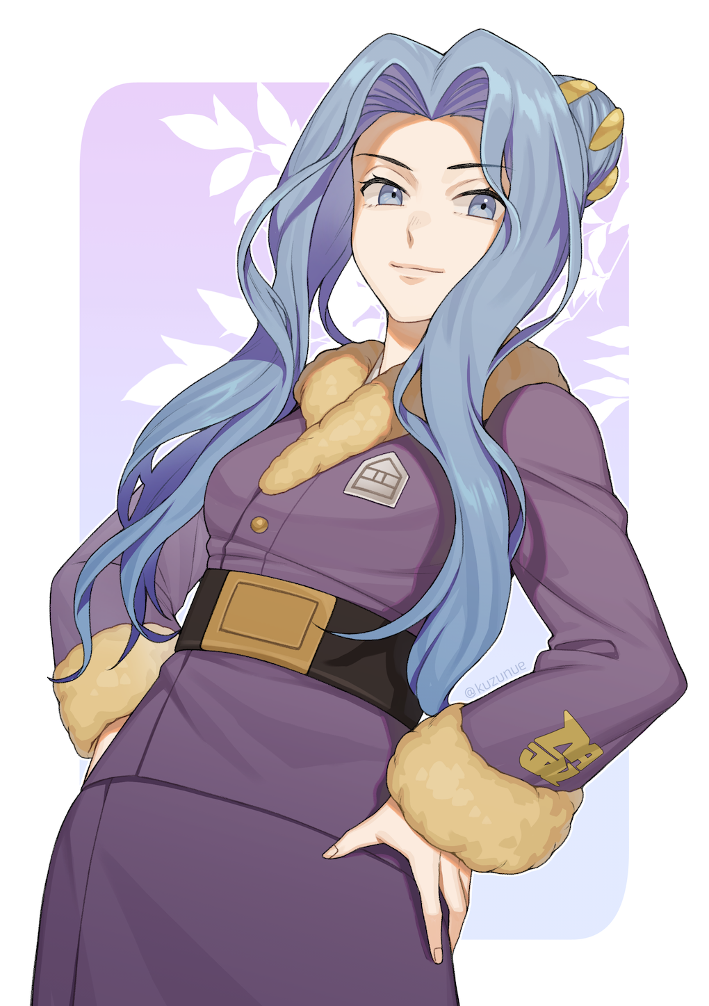 1girl, belt, belt_buckle, black_belt, blue_eyes, blue_hair, buckle, character_request