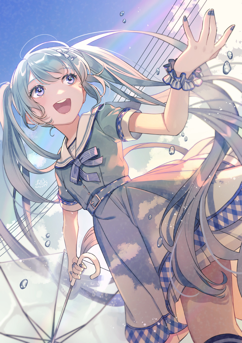 1girl, arm_at_side, belt, blue_belt, blue_dress, blue_eyes, blue_hair, blue_nails