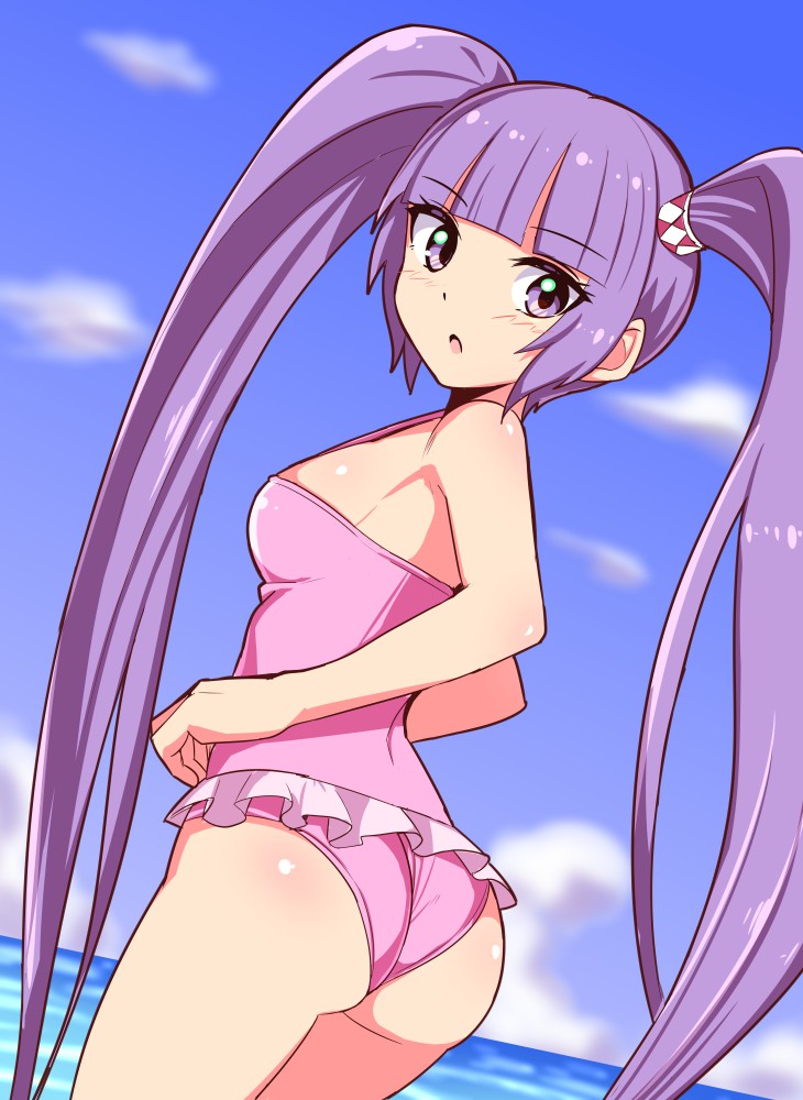 1girl, ass, blush, breasts, clouds, cougar_(cougar1404), english_commentary, long_hair, looking_at_viewer, open_mouth, purple_hair, solo, sophie_(tales), swimsuit, tail, tales_of_(series), tales_of_graces, twintails, water