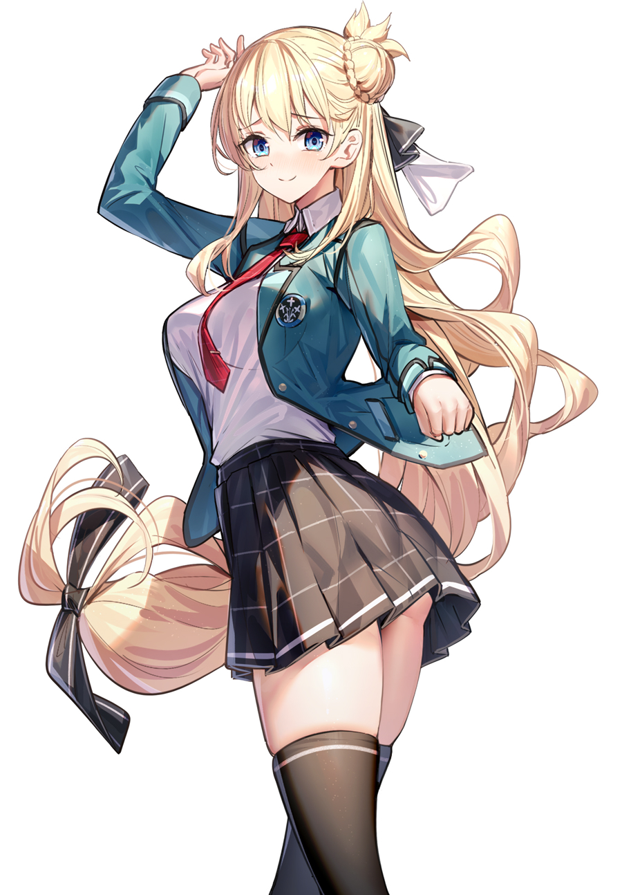 1girl, agnes_claudel, arm_up, ass, black_bow, black_legwear, black_skirt, blonde_hair