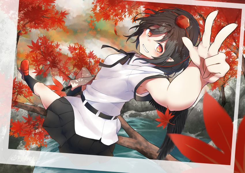 1girl, absurdres, autumn_leaves, belt, bird, black_belt, black_hair, black_legwear, black_ribbon, black_skirt, black_wings, breasts, collared_shirt, feathered_wings, gesture, geta, grin, hakua_(aiziro_039), hand_fan, hat, hauchiwa, highres, holding, holding_fan, kneehighs, leaf, looking_at_viewer, maple_leaf, medium_breasts, outdoors, photo_(object), pleated_skirt, pointy_ears, red_eyes, red_footwear, red_headwear, ribbon, shameimaru_aya, shirt, short_sleeves, sitting, skirt, smile, tassel, tengu, tengu-geta, tokin_hat, touhou, v, white_shirt, wings
