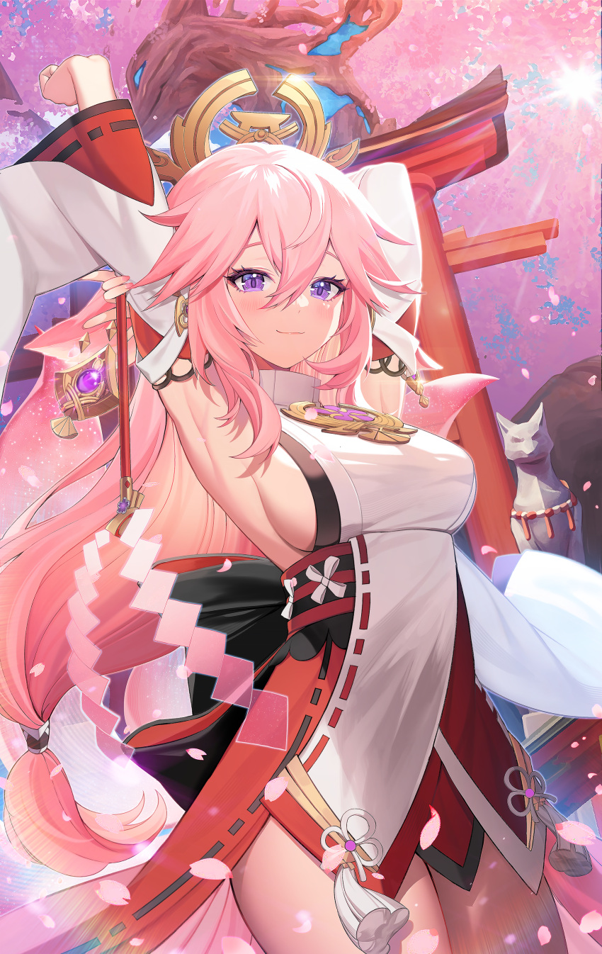 1girl, absurdres, arm_behind_head, armpits, arms_up, bangs, breasts, closed_mouth