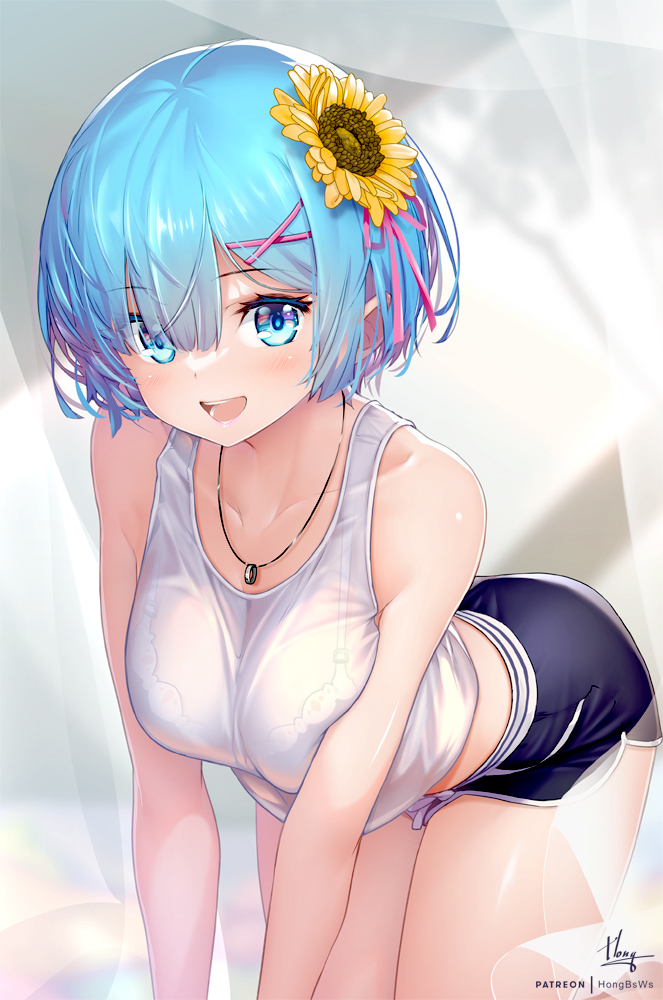 1girl, all_fours, bangs, bare_shoulders, black_shorts, blue_eyes, blue_hair, blush
