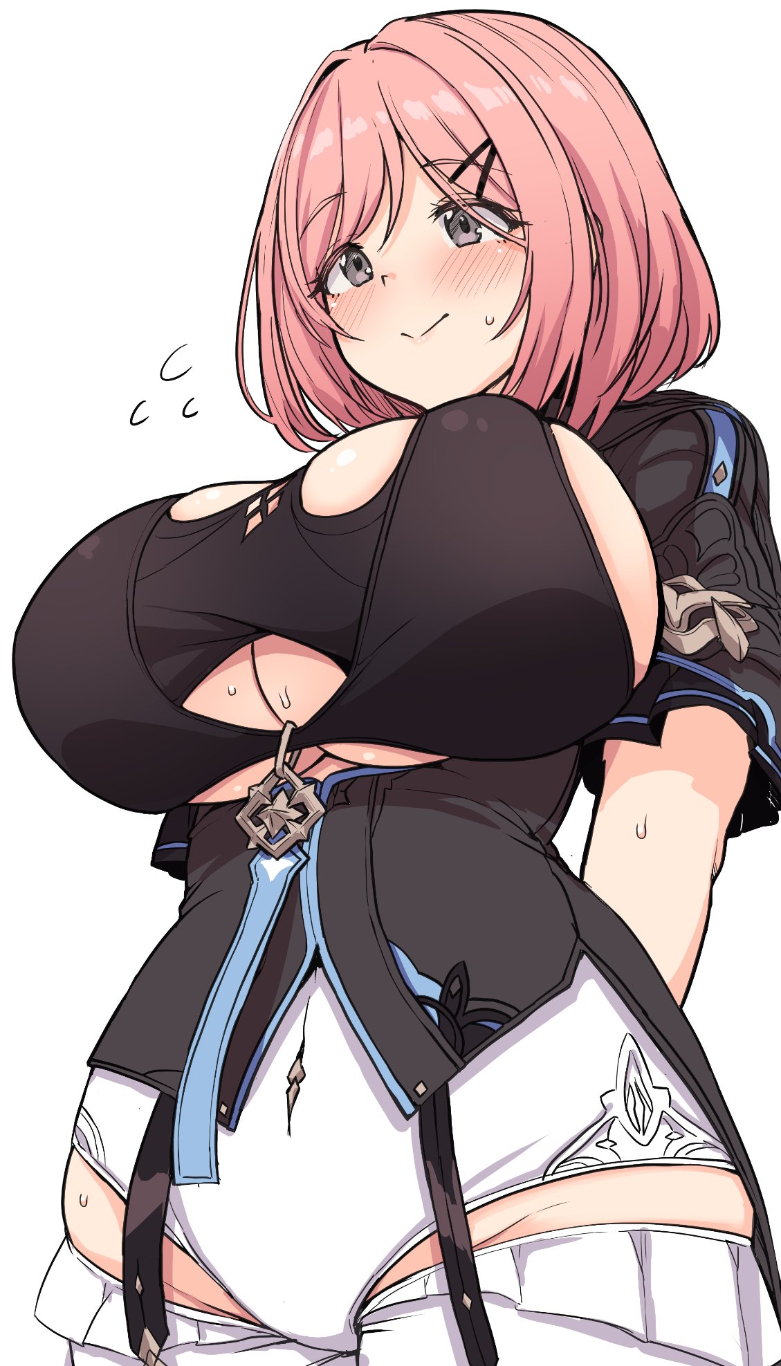 1girl, bangs, black_shirt, blush, breasts, grey_eyes, highres, large_breasts
