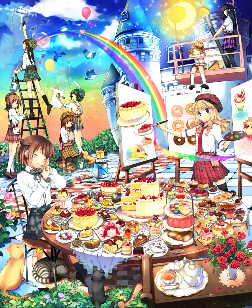 beret, black_hair, blonde_hair, blue_eyes, bouquet, braid, brown_eyes, brown_hair, bunny, canvas_(object), castle, cat, closed_eyes, colorful, crescent_moon, dog, doughnut, eating, finger_to_mouth, flower, food, hanabana_tsubomi, happy, hat, highres, ladder, moon, necktie, notenotenote, original, paint, paintbrush, painting, palette, plaid, rainbow, roller, short_hair, sitting, skirt, smile, squirrel, table, tartan, tea_set, thigh-highs, thighhighs, tiered_tray, twin_braids