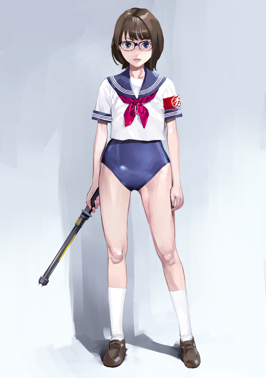 1girl, armband, arms_at_sides, blouse, blue-framed_eyewear, blue_eyes, blue_sailor_collar, blue_swimsuit