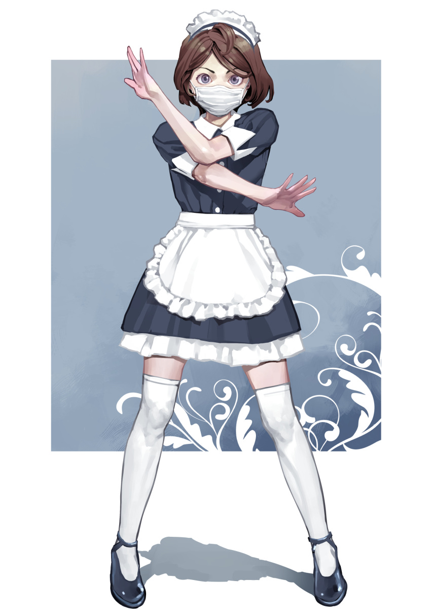 1girl, apron, black_footwear, blue_dress, brown_hair, buttons, covered_mouth, crossed_arms, dress, frilled_apron, frills, full_body, hands_up, highres, inamitsu_shinji, looking_at_viewer, maid_headdress, mask, mouth_mask, original, shadow, short_hair, short_sleeves, sleeve_cuffs, solo, standing, surgical_mask, tareme, thigh-highs, violet_eyes, waist_apron, white_apron, white_legwear, zettai_ryouiki
