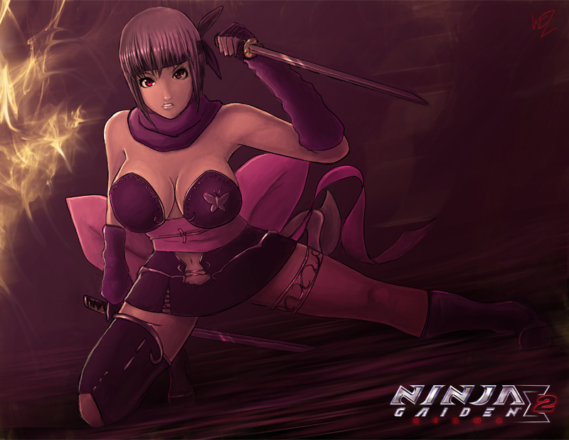 ayane, ayane_(doa), breasts, cleavage, dead_or_alive, ninja_gaiden, purple_hair, red_eyes, short_hair, solo, wez