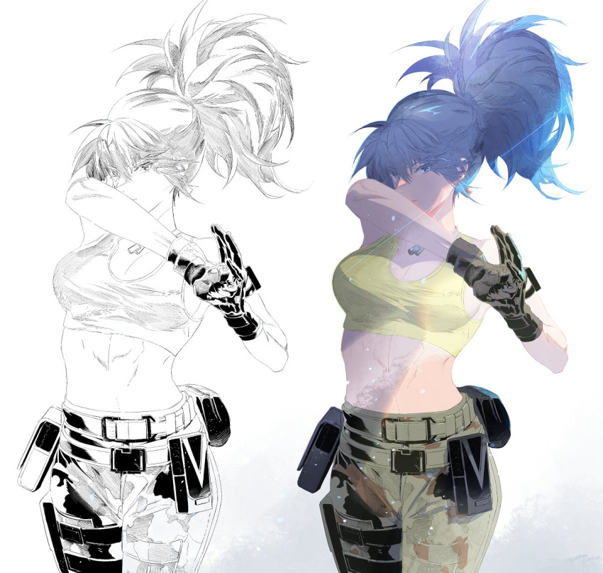 armlet, bare_shoulders, belt, blue_eyes, blue_hair, breasts, camouflage, camouflage_pants