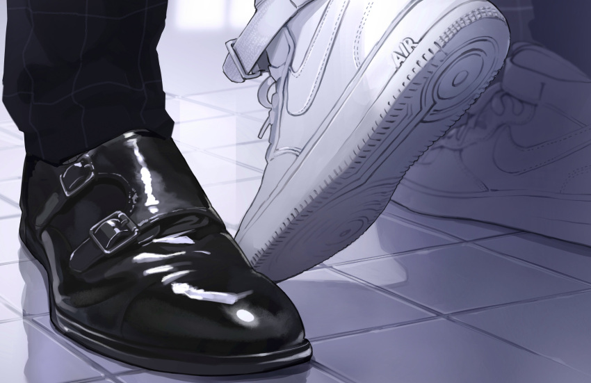 2others, absurdres, black_footwear, black_pants, blue_pants, buckle, close-up, feet