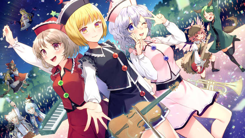 6+girls, animal_ears, apron, arm_up, black_legwear, black_skirt, black_vest, blonde_hair