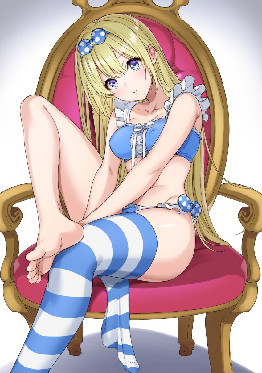 1girl, barefoot, blonde_hair, blue_eyes, bow, breasts, chair, covered_nipples