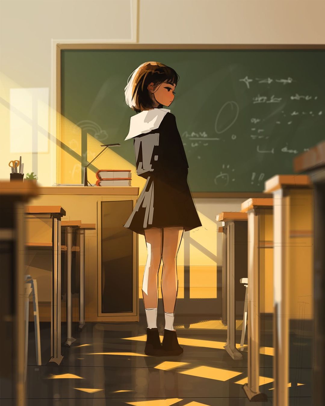 1girl, black_footwear, black_shirt, black_skirt, blurry, blurry_foreground, book, book_stack, brown_hair, chalkboard, closed_mouth, depth_of_field, desk, full_body, highres, indoors, long_sleeves, pleated_skirt, portrait, sailor_collar, sailor_shirt, sam_yang, school, school_desk, school_uniform, scissors, shirt, shoes, short_hair, skirt, socks, solo, standing, table, white_legwear, white_sailor_collar