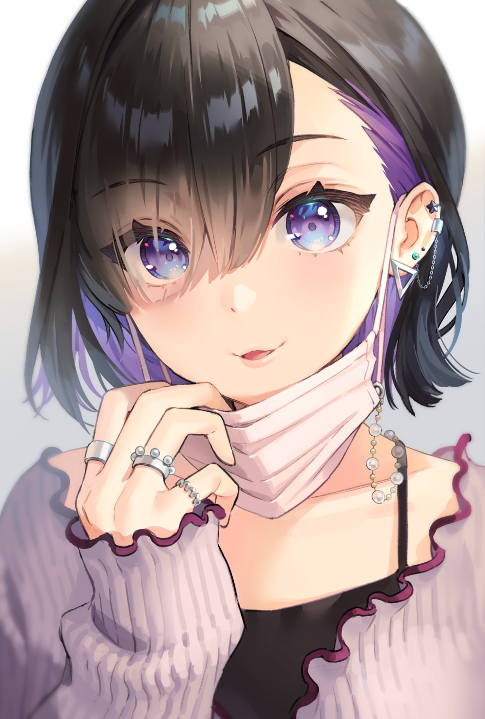 1girl, ancotaku, asymmetrical_bangs, bangs, black_hair, black_tank_top, bob_cut, colored_inner_hair