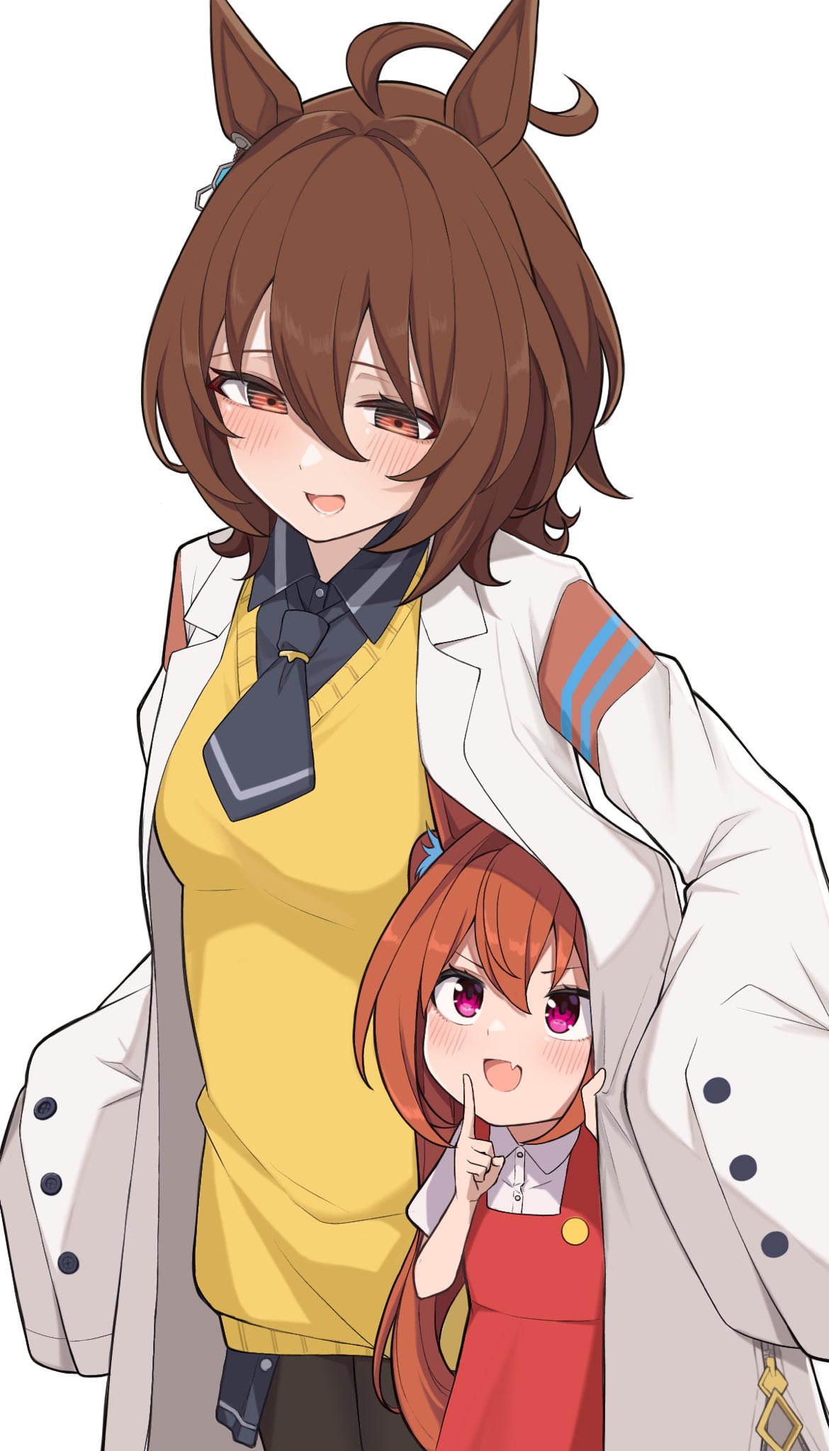 2girls, :d, agnes_tachyon_(umamusume), ahoge, animal_ears, black_legwear, blush, breasts