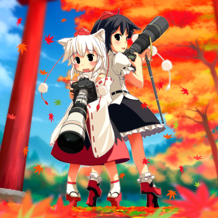 animal_ears, autumn, black_eyes, black_hair, camera, canon, detached_sleeves, geta, hat, highres, inubashiri_momiji, l-lens, leaf, leaves, maple_leaf, monopod, multiple_girls, shameimaru_aya, short_hair, silver_hair, skirt, slr, tengu-geta, tokin_hat, torii, touhou, waka_(artist), waka_(sagi), weapon, wolf_ears