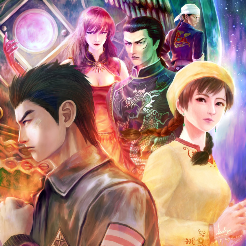 2girls, 3boys, bandaid, bandaid_on_face, bandana, bangs, black_hair, blue_shirt, braid, brown_eyes, brown_hair, china_dress, chinese_clothes, clenched_hand, dress, earrings, gloves, hazuki_ryou, highres, jacket, jewelry, kohji, lan_di, leather, leather_jacket, ling_shen_hua, looking_at_viewer, looking_back, looking_to_the_side, multiple_boys, multiple_girls, niao_sun, red_dress, red_gloves, redhead, ren_wu_ying, scar, scar_on_face, shenmue, shenmue_iii, shirt, sky, spiky_hair, star_(sky), starry_sky, twin_braids, white_bandana, yellow_headwear, yellow_shirt