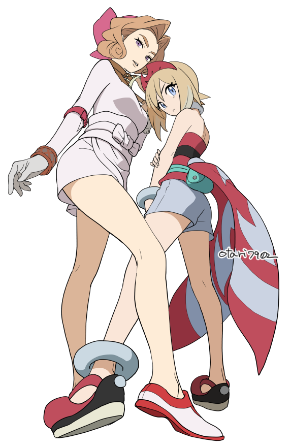 2girls, anklet, bangs, blonde_hair, blue_eyes, brown_hair, closed_mouth, commentary_request