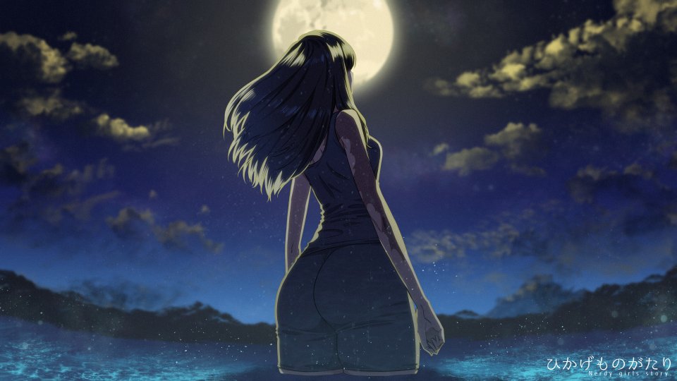 1girl, amamiya_yumi, ass, black_hair, burn_scar, clouds, facing_away, from_behind
