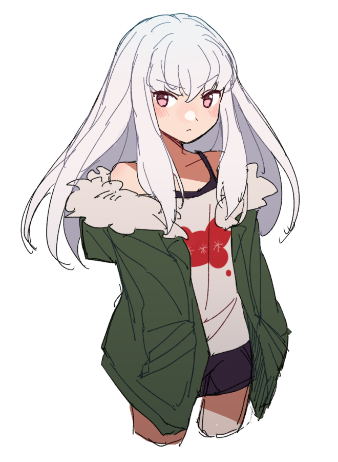 1girl, alternate_costume, bangs, black_camisole, black_shorts, blush, camisole, closed_mouth