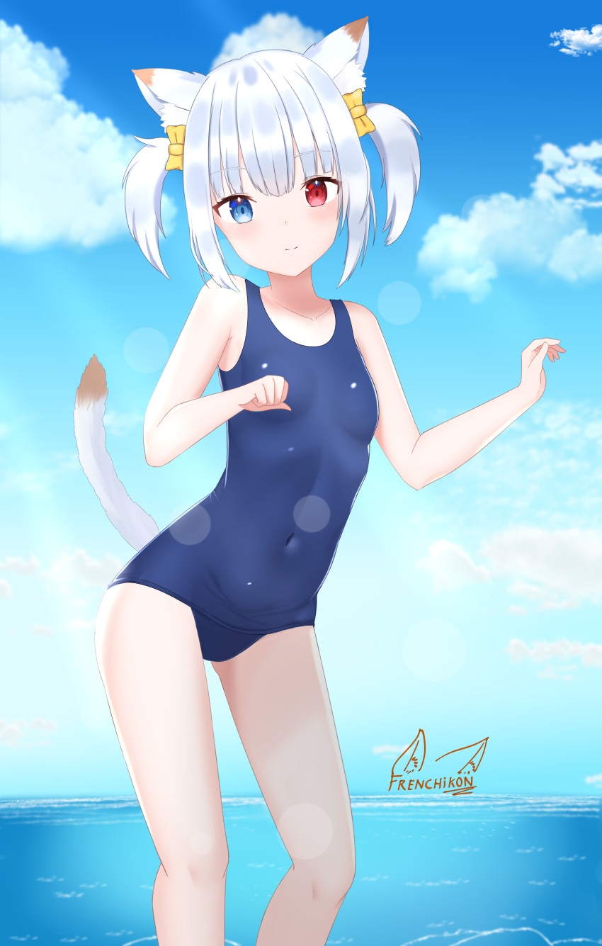1girl, absurdres, animal_ear_fluff, animal_ears, arisugawa_etona, artist_logo, bare_arms, bare_legs, bare_shoulders, blue_eyes, blue_swimsuit, blush, breasts, cat_ears, cat_tail, closed_mouth, clouds, cloudy_sky, collarbone, covered_navel, eyebrows_visible_through_hair, facing_viewer, frenchi_yuzuriha, hair_ribbon, heterochromia, highres, indie_virtual_youtuber, looking_at_viewer, ocean, one-piece_swimsuit, paw_pose, red_eyes, ribbon, school_swimsuit, short_hair, signature, sky, small_breasts, smile, stomach, swimsuit, tail, tail_raised, two_side_up, virtual_youtuber, water, white_hair, yellow_ribbon