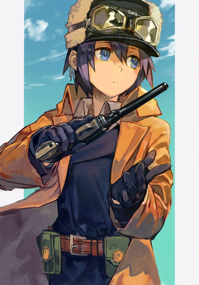 1girl, belt_pouch, black_gloves, coat, colt_1851_navy, fur_hat, gloves, goggles