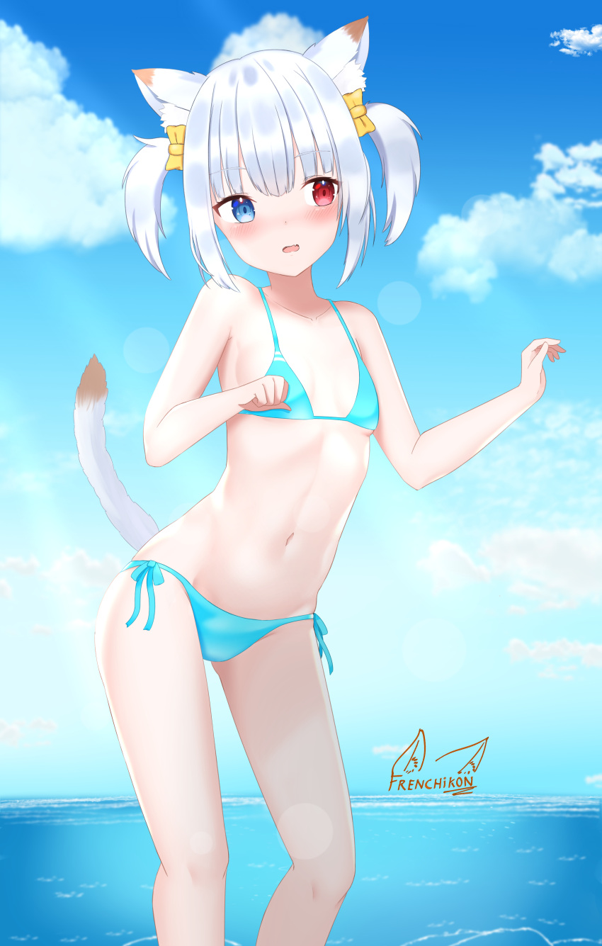 1girl, absurdres, animal_ear_fluff, animal_ears, arisugawa_etona, artist_logo, bare_arms, bare_legs, bare_shoulders, bikini, blue_bikini, blue_eyes, blush, breasts, cat_ears, cat_tail, clouds, cloudy_sky, collarbone, embarrassed, eyebrows_visible_through_hair, facing_viewer, fang, frenchi_yuzuriha, hair_ribbon, heterochromia, highres, indie_virtual_youtuber, navel, ocean, paw_pose, red_eyes, ribbon, short_hair, side-tie_bikini, sideways_glance, signature, skin_fang, sky, small_breasts, stomach, swimsuit, tail, tail_raised, two_side_up, virtual_youtuber, water, white_hair, yellow_ribbon