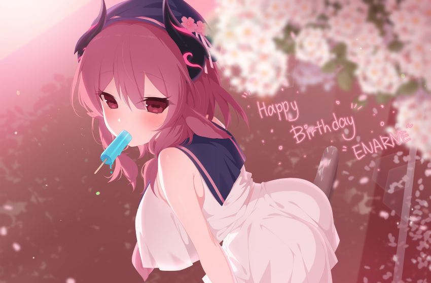 1girl, absurdres, ass, bare_shoulders, bent_over, blurry, blurry_background, breasts, flower, food, goat-chan_(enarane), goat_girl, goat_horns, hair_between_eyes, happy_birthday, hat, highres, horns, ia_(ias1010), large_breasts, looking_at_viewer, mouth_hold, original, popsicle, red_eyes, redhead, sailor_collar, shirt, skirt, solo, white_shirt, white_skirt