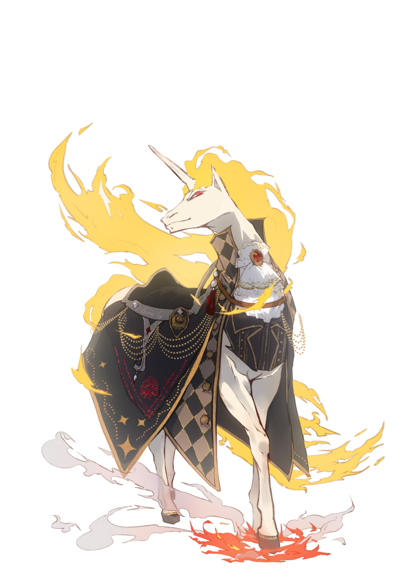 absurdres, animal_focus, argyle, ascot, brooch, chinese_commentary, closed_mouth, clothed_pokemon, commentary_request, fire, full_body, gem, half-closed_eyes, highres, jewelry, no_humans, pokemon, pokemon_(creature), rapidash, red_eyes, ruby_(gemstone), saddle, smoke, solo, standing, transparent_background, unicorn, white_ascot, xiao_jiang_he_shannai