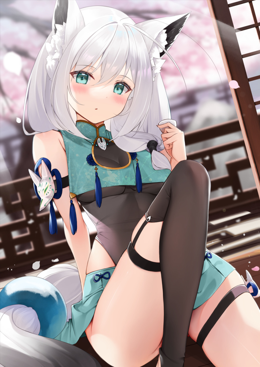 1girl, :o, animal_ear_fluff, animal_ears, arm_strap, bangs, black_legwear, black_leotard