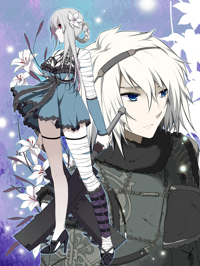 bandage, bandages, blue_eyes, braid, breasts, chain, chains, cleavage, flower, grey_hair, hair_ornament, high_heels, kaine_(nier), legs, lingerie, long_hair, long_legs, negligee, nier, nier_(character), panties, pantyshot, red_eyes, ribbon, shoes, short_hair, sword, underwear, weapon, white_hair, yukagen