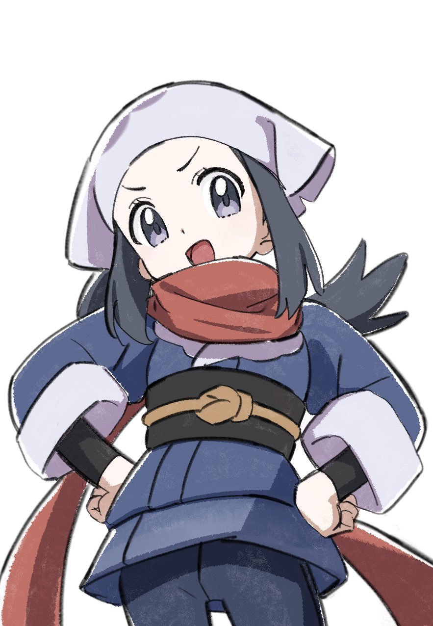 1girl, akari_(pokemon), bandana, black_eyes, black_hair, blue_jacket, blue_pants, clenched_hands
