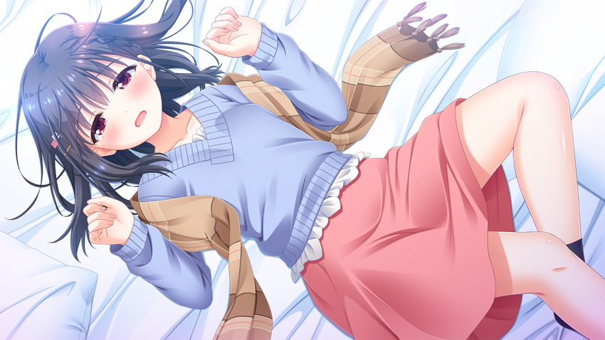 1girl, black_hair, blush, buruma, game_cg, hair_ornament, lying, on_back