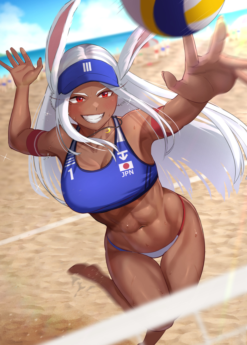 1girl, abs, absurdres, animal_ears, armpits, arms_up, bangs, beach
