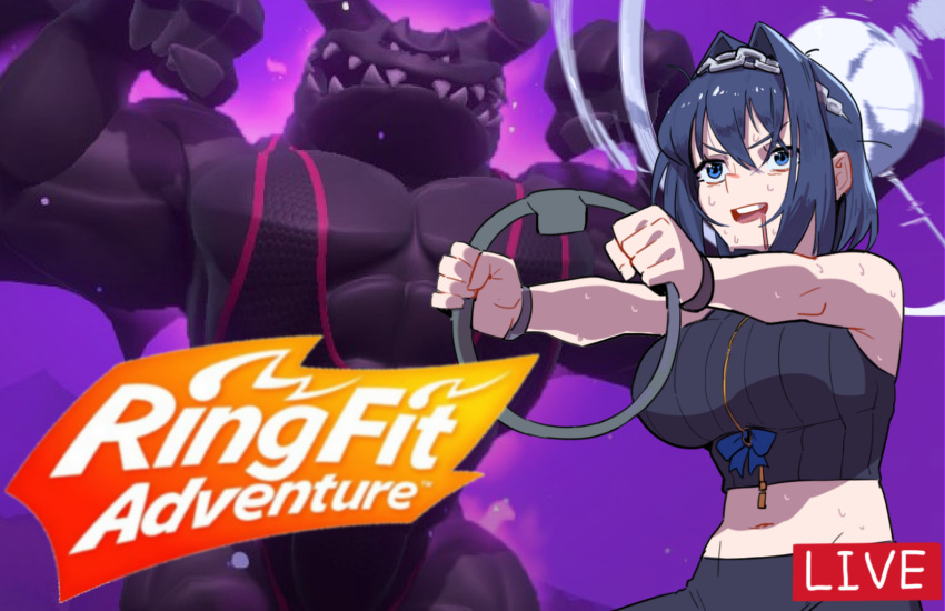 1girl, armband, bike_shorts, blue_eyes, blue_hair, blue_ribbon, breasts, chain, dragaux, eyebrows_visible_through_hair, eyes_visible_through_hair, highres, hololive, hololive_english, hong_doo, large_breasts, medium_hair, midriff, navel, open_mouth, ouro_kronii, ribbon, ring-con, ring_fit_adventure, sweat, tank_top