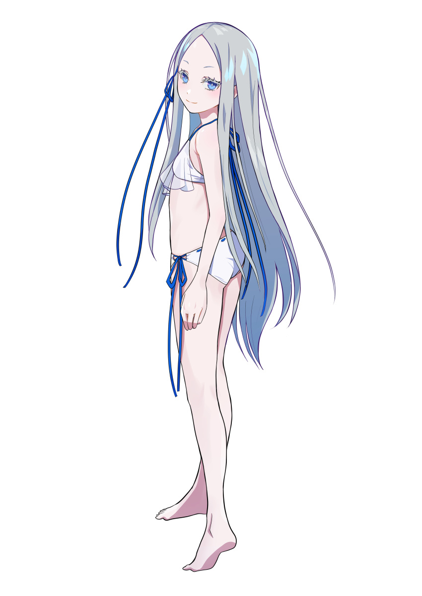 1girl, absurdres, bikini, blue_eyes, blue_ribbon, camui1104, colored_eyelashes, hair_ribbon