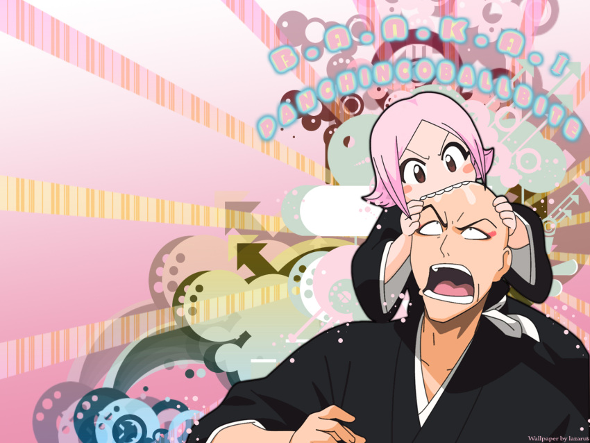 bald, biting, biting_head, black_kimono, bleach, frutiger_metro, kusajishi_yachiru, loli