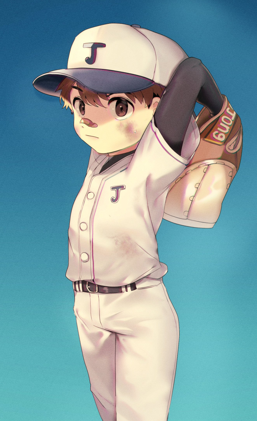 1boy, arms_behind_back, baseball_cap, baseball_jersey, baseball_mitt, baseball_uniform, brown_hair, catcher, commentary_request, hat, highres, holding, jjongjjongmk2, korean_commentary, looking_at_viewer, original, short_hair, solo, sportswear, uniform